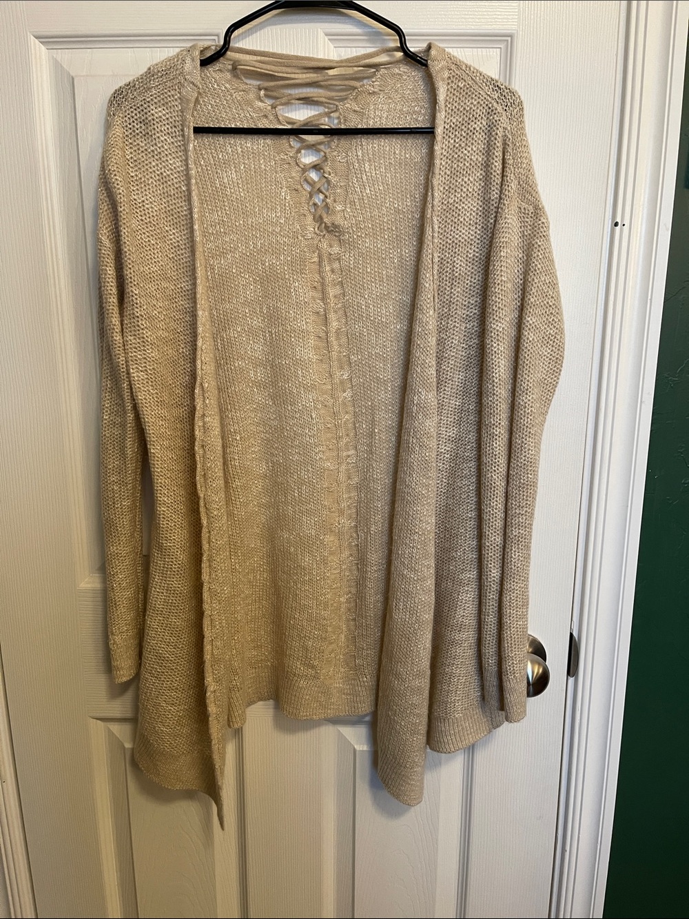 Maurices Beige Lace-Up Open Front Cardigan